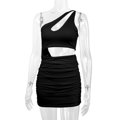 Sexy One Shoulder Hollow Out Mini Dress Women Sleeveless Backless Party Nightclub Outfit